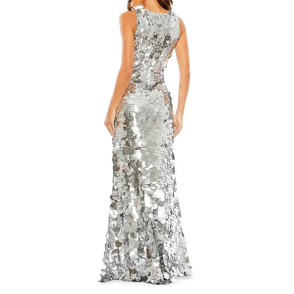 Mac Duggal Embellished Disc Sequin Sleeveless Gown Dress Silver Size 10 NWT - Picture 2 of 12